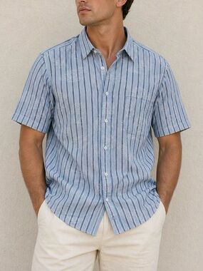 Bugatchi Uomo Light Blue Striped Short-Sleeve Button-Down Shirt Size XL Cotton